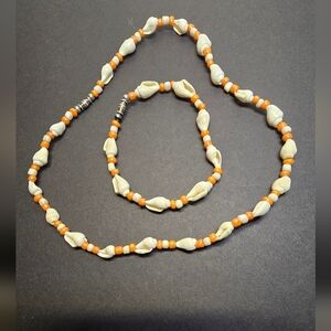 Elegant Beaded And Shell Necklace and Bracelet Set - Cream and Orange